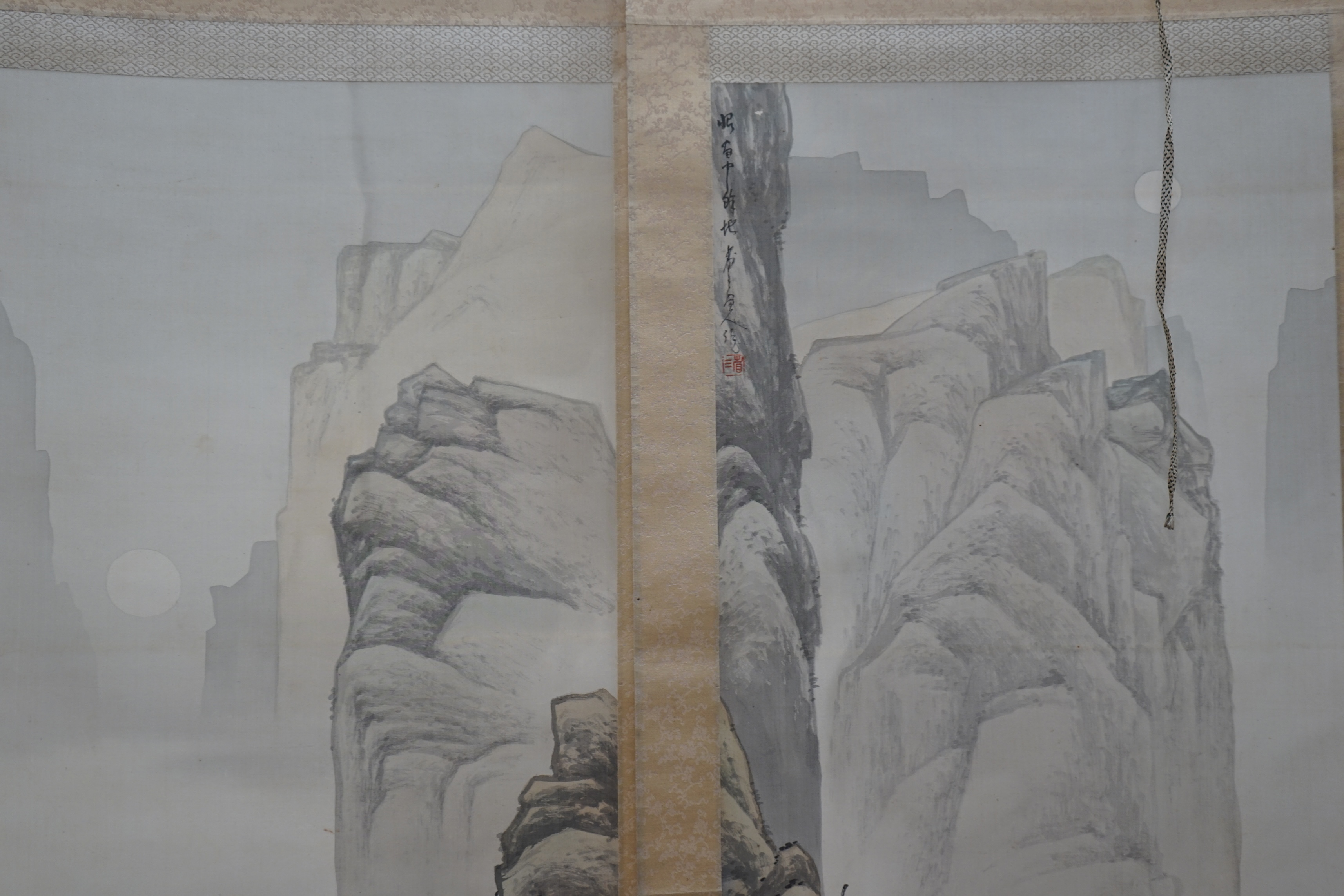 Kodama Kibou, a pair of landscape scrolls, 123cm x 43cm. Condition - fair, some discolouration